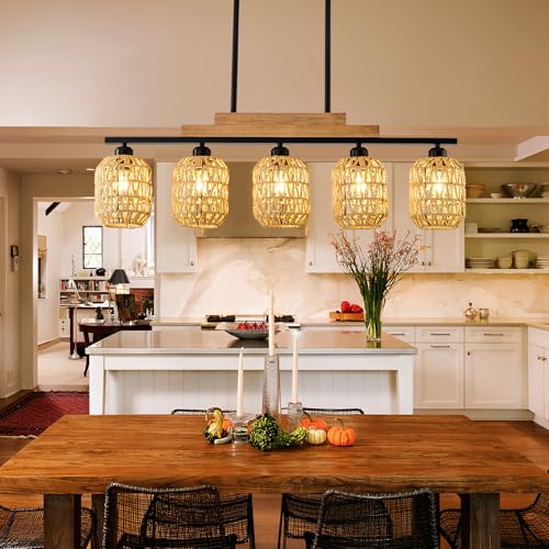 Dining Room Light Fixture 5 Light Large Rattan Kitchen Island Lighting with Boho Wicker Shade Chandelier Farmhouse Hanging Pendant Light for Living Room Bar Restaurant Bedroom