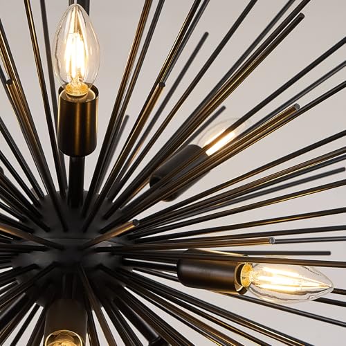 32in Black Sputnik Chandelier Solid Metal Starburst Light Fixture 9 Light
