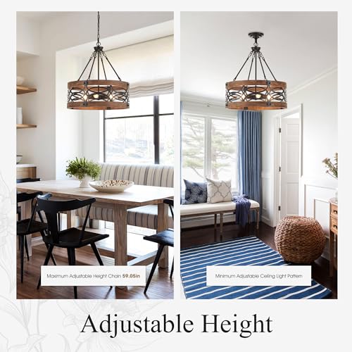 19.7" 6 Light Brown Wood Drum Pendant Light for Dining Room