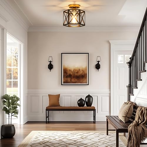 Modern Farmhouse Black and Gold Semi Flush Mount Ceiling Light 9.5 in