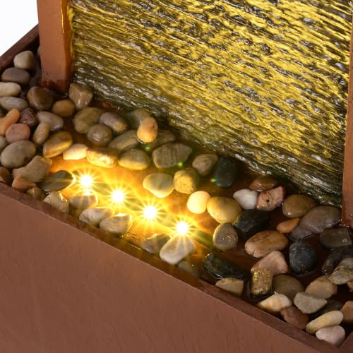 38.5" Faux Slate Contemporary Outdoor LED Waterfall Fountain with Pebble Base