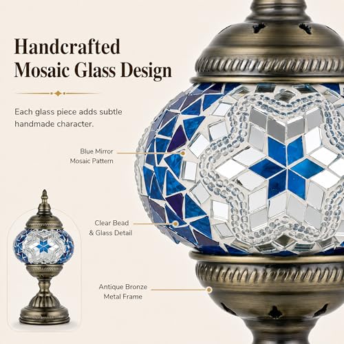 Turkish Moroccan Table Lamp Lantern with Handmade Mosaic Glass Lampshade Tiffany Style Bohemian Stained Glass Decorative Desk Lamps Bedside Night Lights for Bedroom