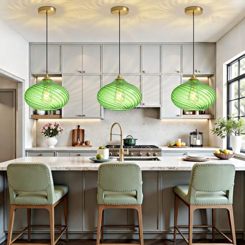 11in Gold Pendant Lights Kitchen Island with Green Glass Shade 1Pack