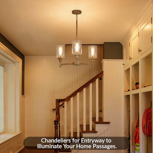 3 Light Fake Wood Rustic Chandeliers for Dining Room with Clear Glass Cover