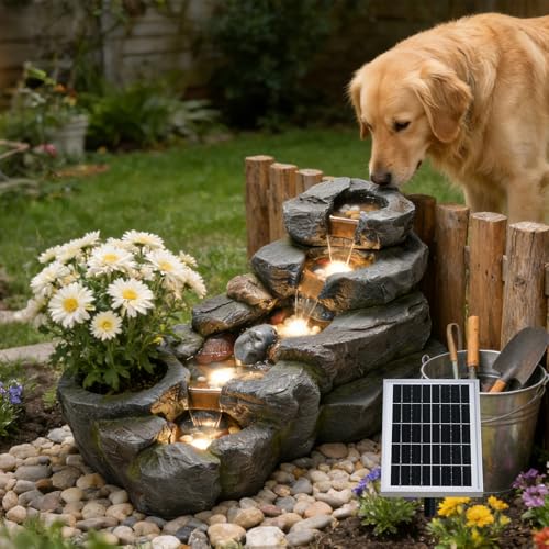 5 Tier Solar Water Fountain Outdoor Rock Waterfall Fountains