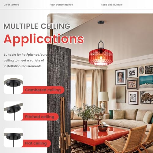 Kitchen Island Pendant Light Fixture Red Glass Hanging Lights with 11" Hand Blown Glass Shade Vintage Modern Ceiling Pendant Lighting Black Metal Finish Dining Room Adjustable Height