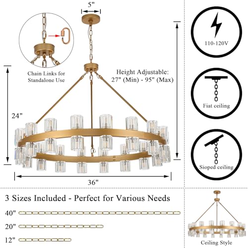 36 Inch Gold Wagon Wheel Chandelier with Crystal Shade