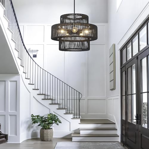 22" Black Boho Rattan Chandelier Light Fixture Hand Woven Farmhouse Pendant Lighting Rustic Boho Chandeliers for Dining Room Living Room Hallway Foyer 5 Lights