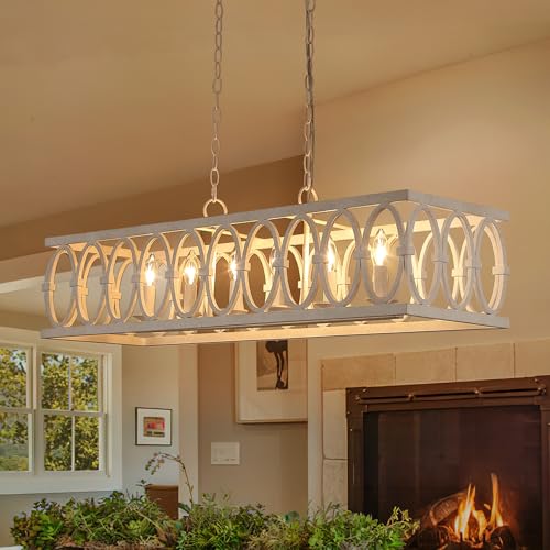 L39.4 Rustic Farmhouse Rectangle Chandelier for Dining Room Kitchen Island Lights Cage Pendant Ceiling Light Fixture Distressed Metal Hanging Lighting Retro Vintage Linear Chandeliers 6 (6 Count)