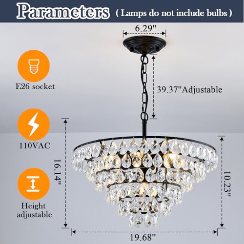 Modern Crystal Chandelier 7 Light 20" Raindrop Black Ceiling Chandelier Adjustable Hanging Light Fixture for Dining Room Foyer Entryway Staircase Living Room