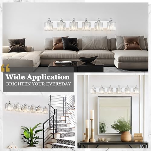 6 Light Modern Bathroom Light Fixture Chrome Vanity Lights Over Mirror Wall Sconce Lighting with K9 Crystal Shades Bathroom Wall Lamp E26 Base for Bedroom
