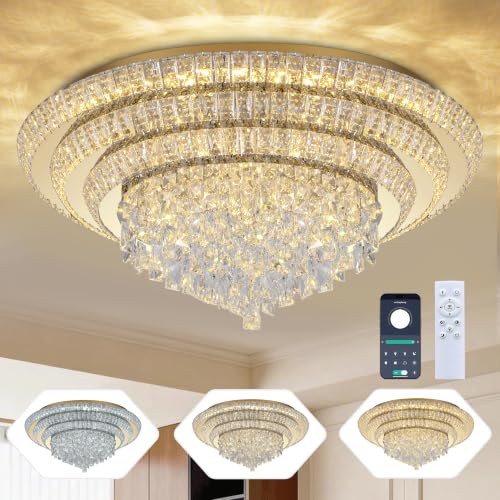 30" Gold Crystal Flush Mount Chandelier Modern LED Ceiling Light Fixture