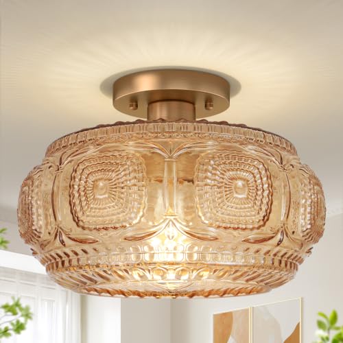 12" Mid Century Glass Semi Flush Mount Ceiling Light Fixture Amber