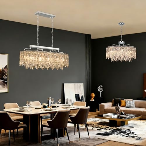 12 Lights Chrome Oval Crystal Chandeliers for Dining Room 36"