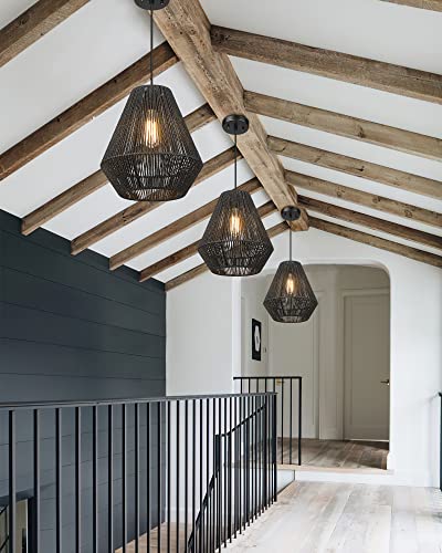 Modern Woven Pendant Light Fixtures 11.8" Farmhouse Coastal Hanging Lamp Matte Black Handwoven Rattan Basket Shade Boho Pendant Light for Kitchen Island Dining Room Bar Bedroom Foyer Hallway