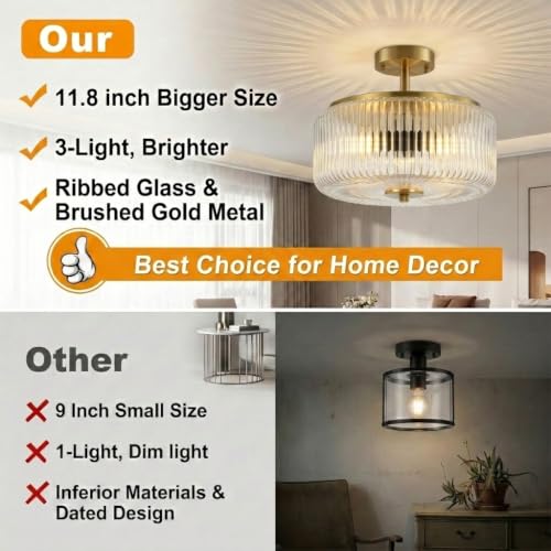 3 Light Gold Semi Flush Mount Ceiling Light