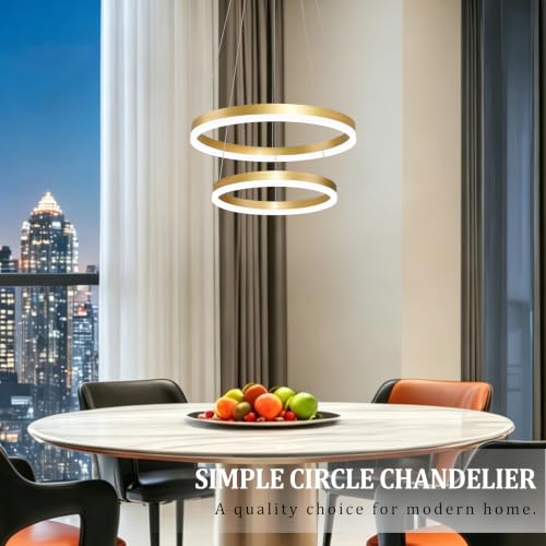 Modern Gold Led Chandelier 2 Rings Dimmable LED Chandeliers with Remote Control Light Fixture for Kitchen Island Height Adjustable Chandelier Led Pendant Light for Living Room Dining Room