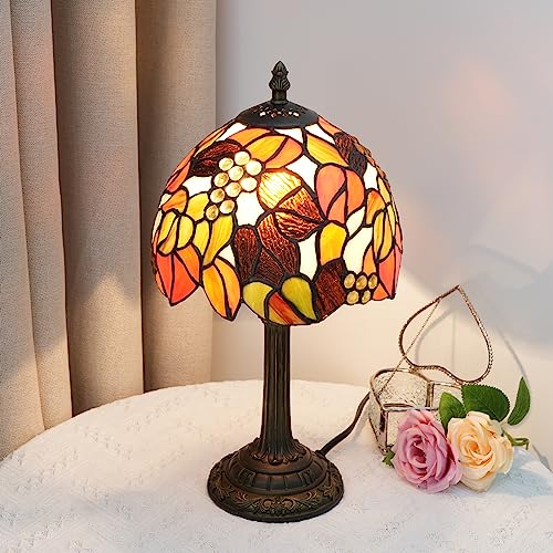 Tiffany Stained Glass Table Lamp Orange Grape Bedroom Bedside Reading Desk Light for Office Dormitory Bar Decorate Retro Style Unique Cute Accent Decor Cottage 8" Village Nightstand Lamps