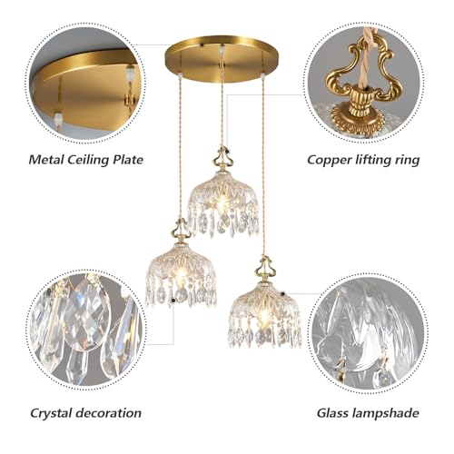 3 Light Pendant Light Fixtures Brass Vintage Glass Pendant Lights Crystal Hanging Light Fixtures (3 Count)