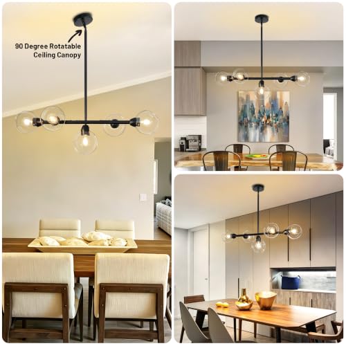 5 Lights Linear Chandelier Modern Black Clear Glass Globe Pendant Light