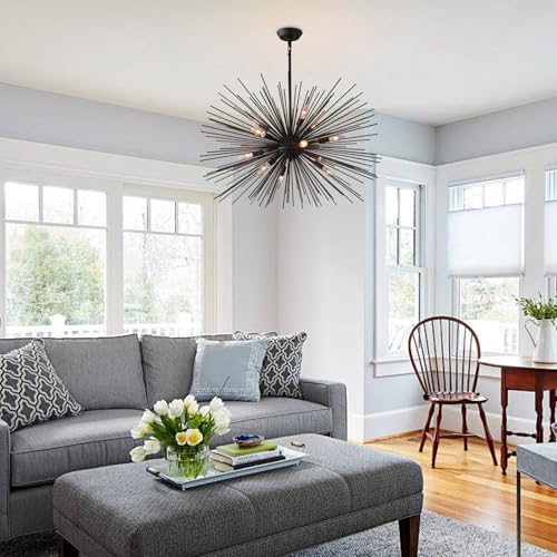 33.8in 12 Light Black Sputnik Chandelier Modern Geometric Starburst