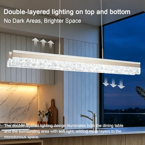 Modern Chandelier Gold Led Crystal Linear Pendant Lights Kitchen Island Lighting Minimalist Dimmable Ceiling Hanging Light Fixture Dining Room with Remote Control