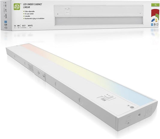 ASD 18 Inch LED Under Cabinet Lighting Plug in or Hardwired, High/Low/Off Switch, 8W 120V 3 CCT 2700K/3000K/4000K CRI90+, Triac Dimmable Linkable Under Counter Lights for Kitchen, ETL Listed, White