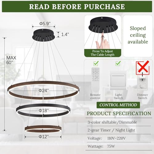 LED 3 Ring Chandelier Dining Room Modern Black Walnut Chandeliers Dimmable