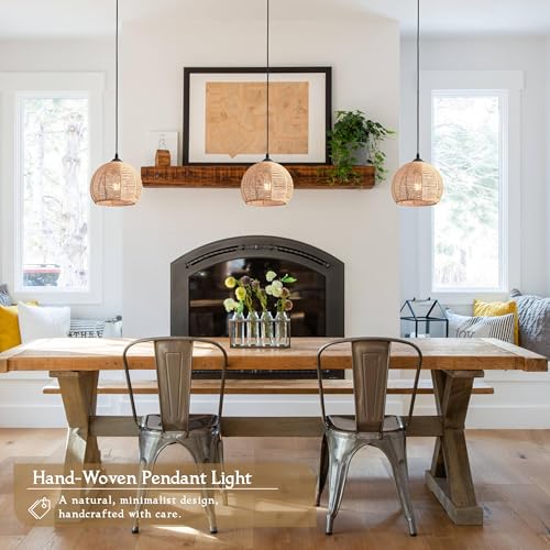 3 Pack Wicker Pendant Light Natural Woven Pendant Light Boho Chandelier Light Fixture Dome Rustic Farmhouse Pendant Lights Rattan Light Fixture for Dining Room Kitchen Island (3 Count)