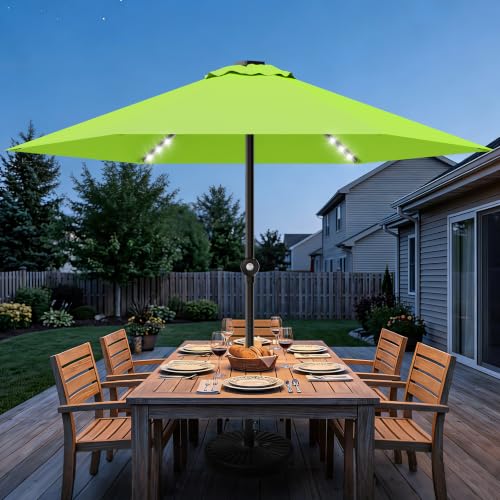 Patio Umbrella 9FT Solar Lights Push Up Outdoor Market Umbrella App Green