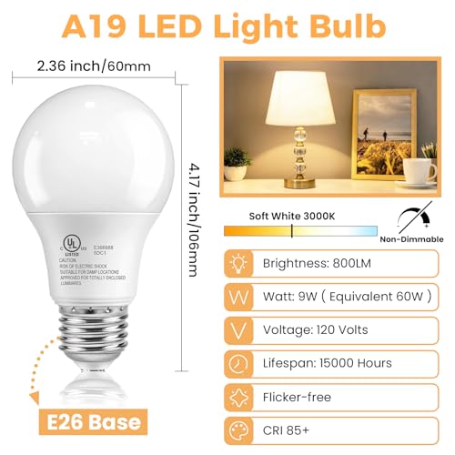 4 Pack A19 LED Light Bulbs 3000K (4 Count)