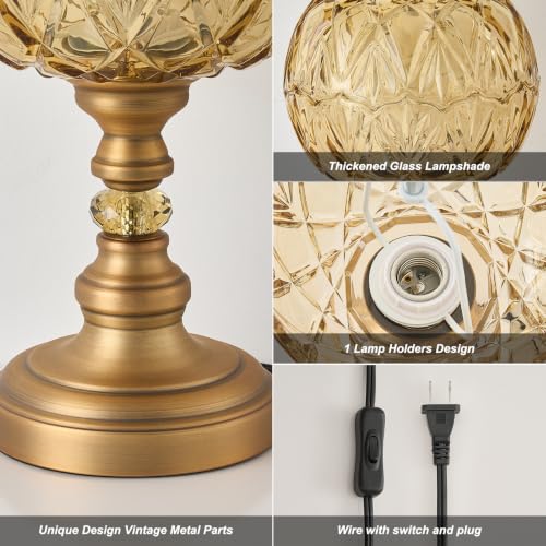 Vintage Amber Glass Table Lamps Brass Metal Desk Lamp Lampshade 8.3inch Table Light with Plug Switch for Bedroom Living Room Dressing Room