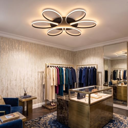 Modern LED Ceiling Light Fixture Black Flush Mount Ceiling Lamp with Remote Control Dimmable 6 Rings Flower Shaped Ideal for Living Room Bedroom Dining Room Kitchen