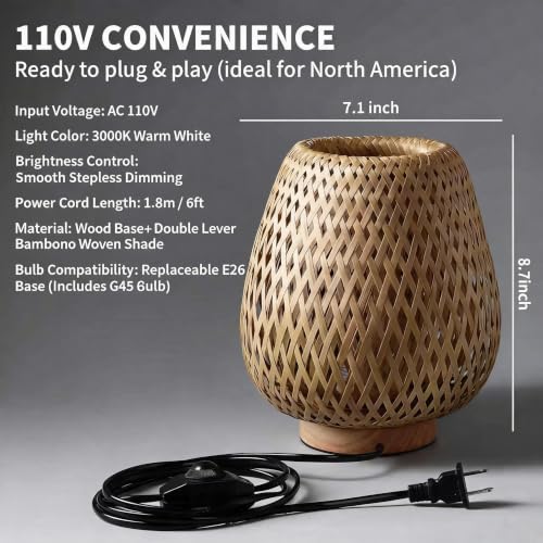 Boho Rattan Small Table Lamp with Double Layer Bamboo Woven Shade