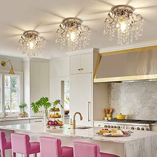 Small Crystal Chandelier Flush Mount Ceiling Light 3 Lights Modern Chrome Iron Raindrop Crystal Ceiling Fixture for Bedroom Hallway Closet Entryway Stairs