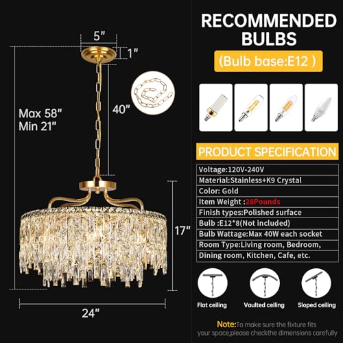 24" 8 Lights Gold Crystal Chandeliers for Dining Room Light Fixture (8 Count)