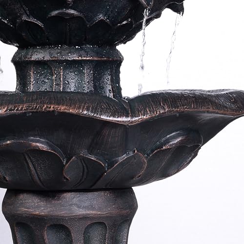 Lily Flower Floor Pedestal 3 Tiered Floor Waterfall Fountain with Pump for Outdoor Patio Garden Backyard Decking