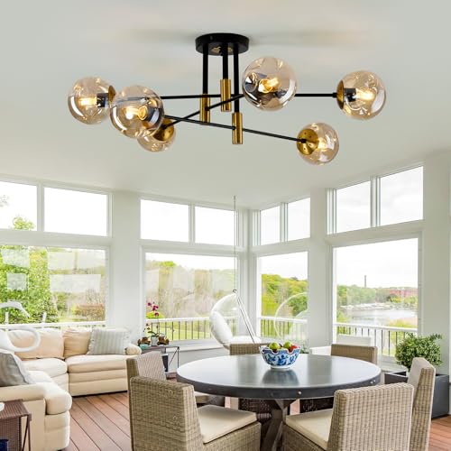 6 Lights Sputnik Ceiling Light Fixture Mid Century Modern Glass Globe Flush Mount Chandelier Black and Gold Farmhouse Lighting for Living Room Dining Room Bedroom Kitchen