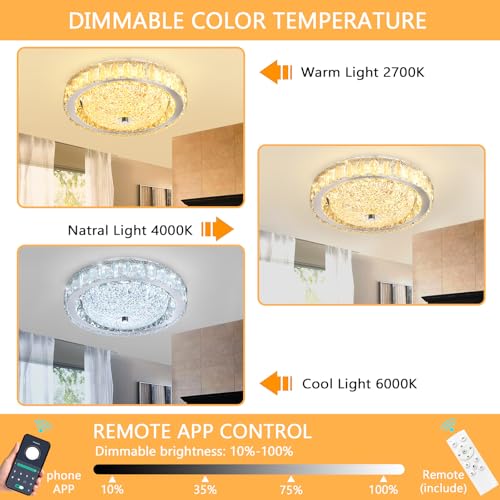 11.8" Modern Mini Crystal Chandelier Dimmable LED Flush Mount Ceiling Light with Remote Control for Bedroom Hallway Dining Room Silver