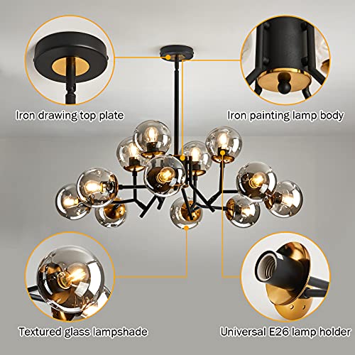 12-Light Mid-Century Modern Black Sputnik Chandelier with Glass Globe