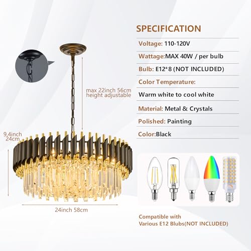 Black and Gold Crystal Chandelier Contemporary 24" with 5