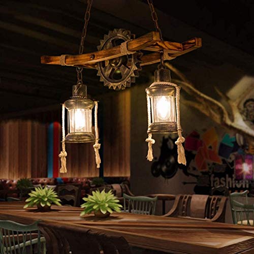 Wood Retro Pendant Lighting Industrial Vintage Chandelier Black Metal Bedroom Restaurant Suspension Lamp Cage Frame with Glass Shade House Loft Bar Coffee Decoration Ceiling Lights Fitting