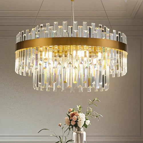 23.6" Brushed Gold Round Crystal Chandelier Dining Room Living Room