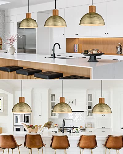 2 Pack Hammered Pendant Lights 12” Vintage Metal & Wood Dome Hanging Lamp Antique Gold Industrial Kitchen Pendant Light Fixtures for Island (2 Count)