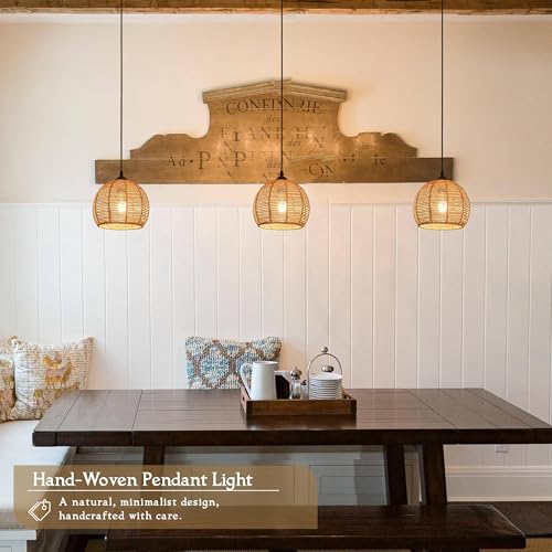3 Pack Wicker Pendant Light Natural Woven Pendant Light Boho Chandelier Light Fixture Dome Rustic Farmhouse Pendant Lights Rattan Light Fixture for Dining Room Kitchen Island (3 Count)