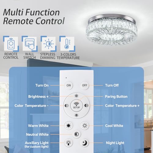16.5 Inch Dimmable Chandelier with Remote Control LED Crystal Chandelier Modern Flush Mount Ceiling Light Fixtures for Living Room Bedroom Dining Room Entrance