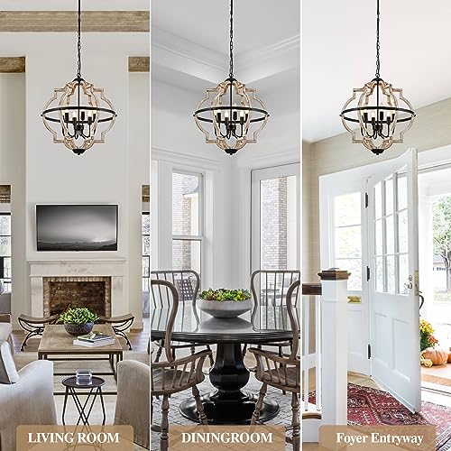 6 Light Farmhouse Chandelier for Dining Room Wood Pendant Lighting