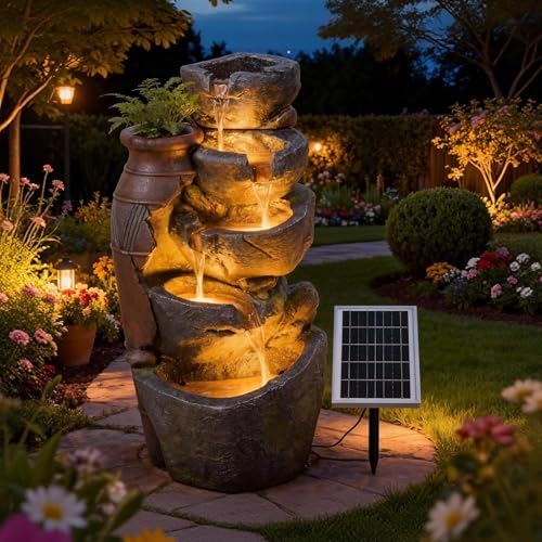 5 Tiers Solar Powered Cascading Rock Jar Water Fountain Outdoor
