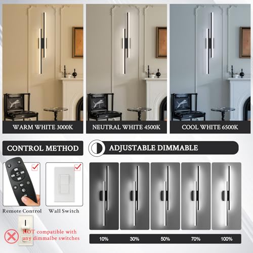 LED Wall Sconce Set of 2 Black Remote Modern LED Vanity Lights Set of 2 Indoor Wall Light Fixtures for Living Room (2 Count)