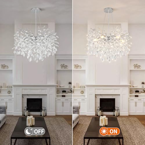 24 Inch Modern Tree Branch Chandelier Silver Crystal Pendant Lighting